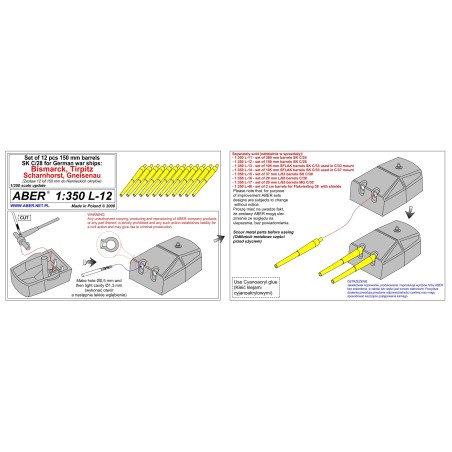 Aber S 1:350 L-012 – Canons de 150 mm pour navires allemands (Bismarck / Scharnhorst) – Laiton tourné