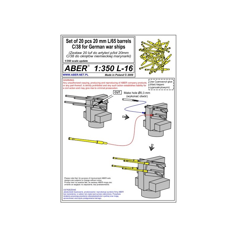 Aber S 1:350 L-016 – Canons 20 mm L/65 C/38 pour navires allemands – Laiton tourné