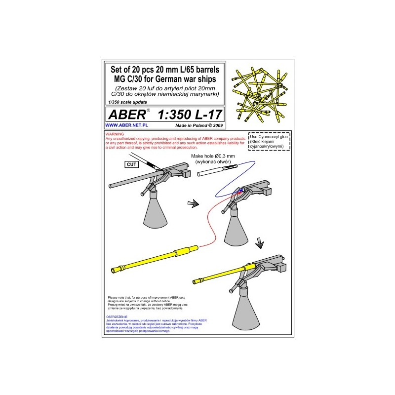 Aber S 1:350 L-017 – Canons 20 mm L/65 MG C/30 pour navires allemands – Laiton tourné