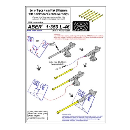 Aber S 1:350 L-046 – Canons Flak 28 avec boucliers pour la marine – Laiton tourné