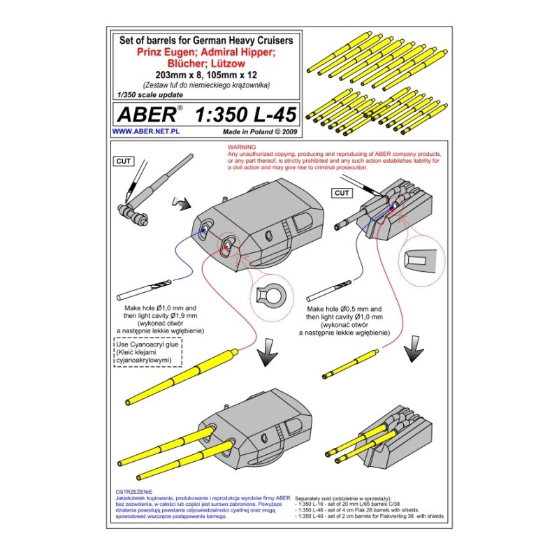 Aber S 1:350 L-045 – Canons pour croiseurs de la classe Prinz Eugen / Admiral Hipper – Laiton tourné