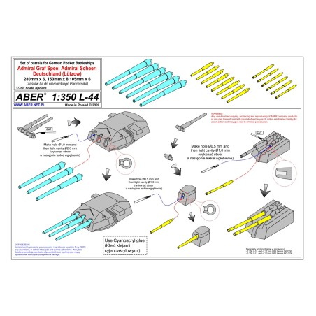 Aber S 1:350 L-044 – Canons pour cuirassés de la classe Admiral Graf Spee – Laiton tourné