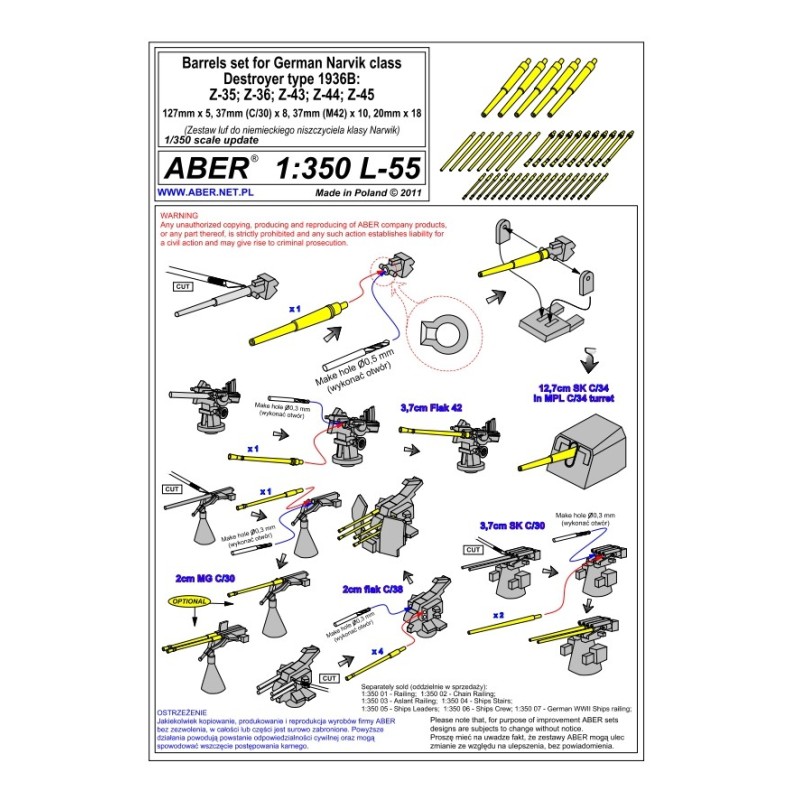 Aber S 1:350 L-055 – Canons pour destroyers allemands classe Narvik type 1936B – Laiton tourné