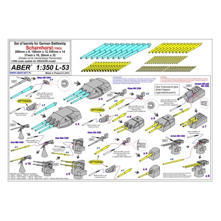 Aber S 1:350 L-053 – Canons pour cuirassé allemand Scharnhorst – Laiton tourné