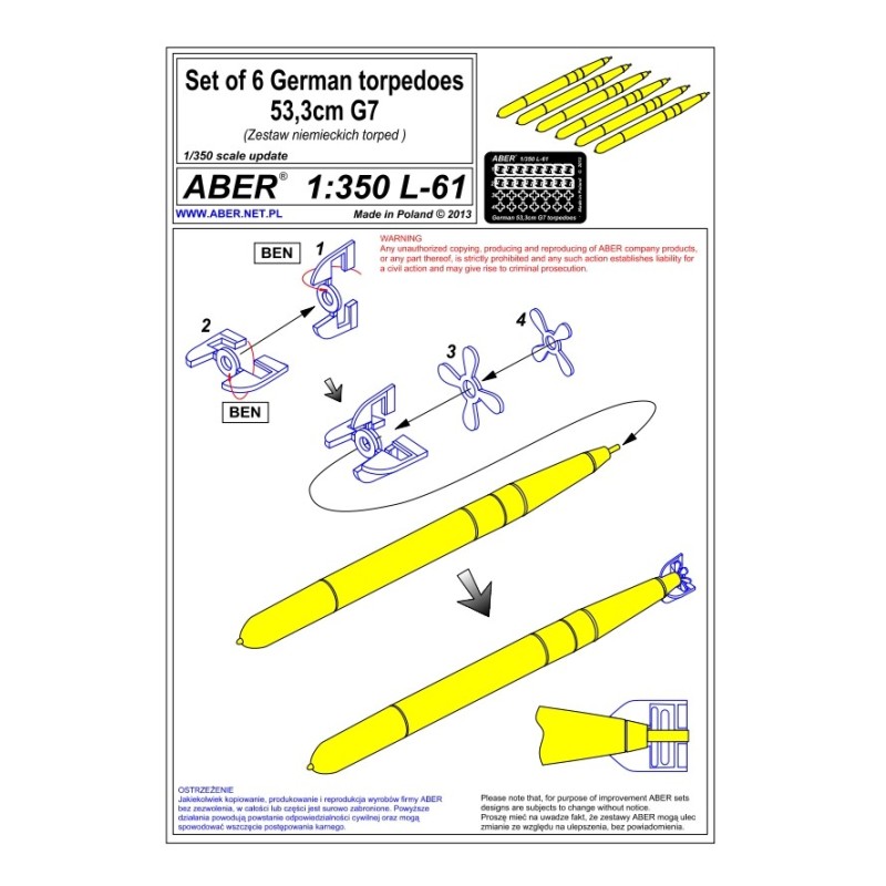 Aber S 1:350 L-061 – 6 torpilles allemandes de 53,3 cm G7a / G7e – Laiton tourné