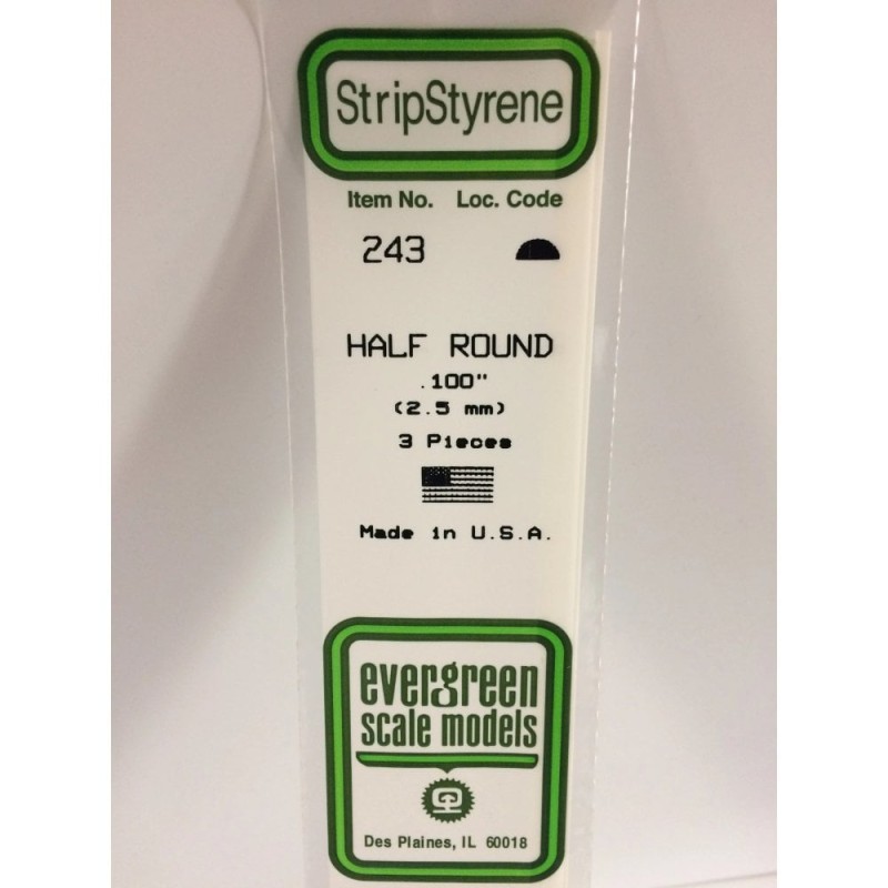 Evergreen EG243 – Demi-rond en polystyrène blanc opaque Ø 2,5 mm (0.100")