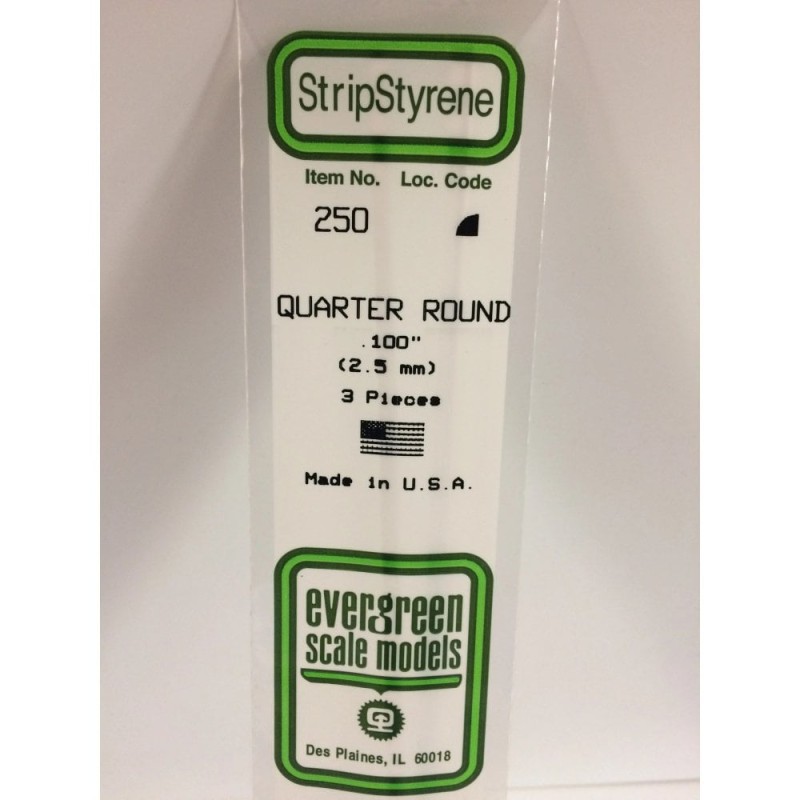 Evergreen EG250 – Quart de rond en polystyrène blanc opaque Ø 2,5 mm (0.100")