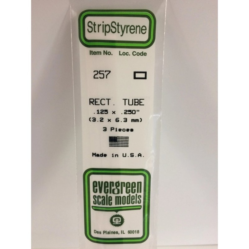 Evergreen EG257 – Tube rectangulaire en polystyrène blanc opaque 3,2 × 6,3 mm (0.125" × 0.250")