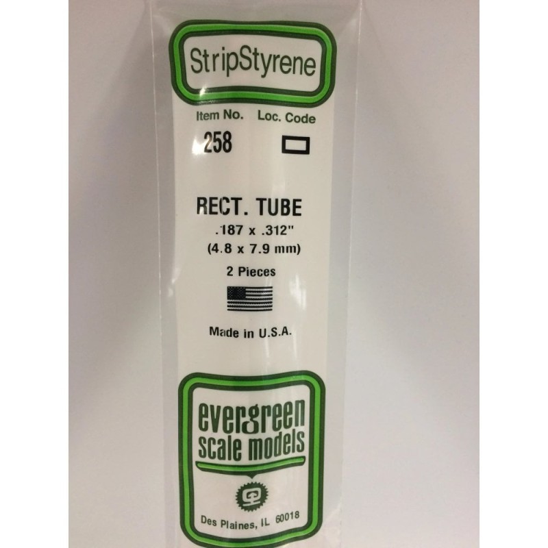 Evergreen EG258 – Tube rectangulaire en polystyrène blanc opaque 4,8 × 7,9 mm (0.188" × 0.312")